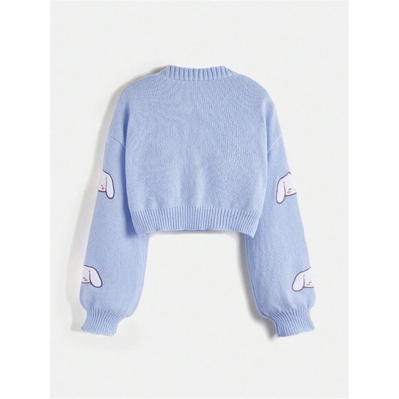 Women's Cartoon Pattern Cardigan Acrylic Long Sleeve V Neck Button Crop Top - Picture 2 of 4